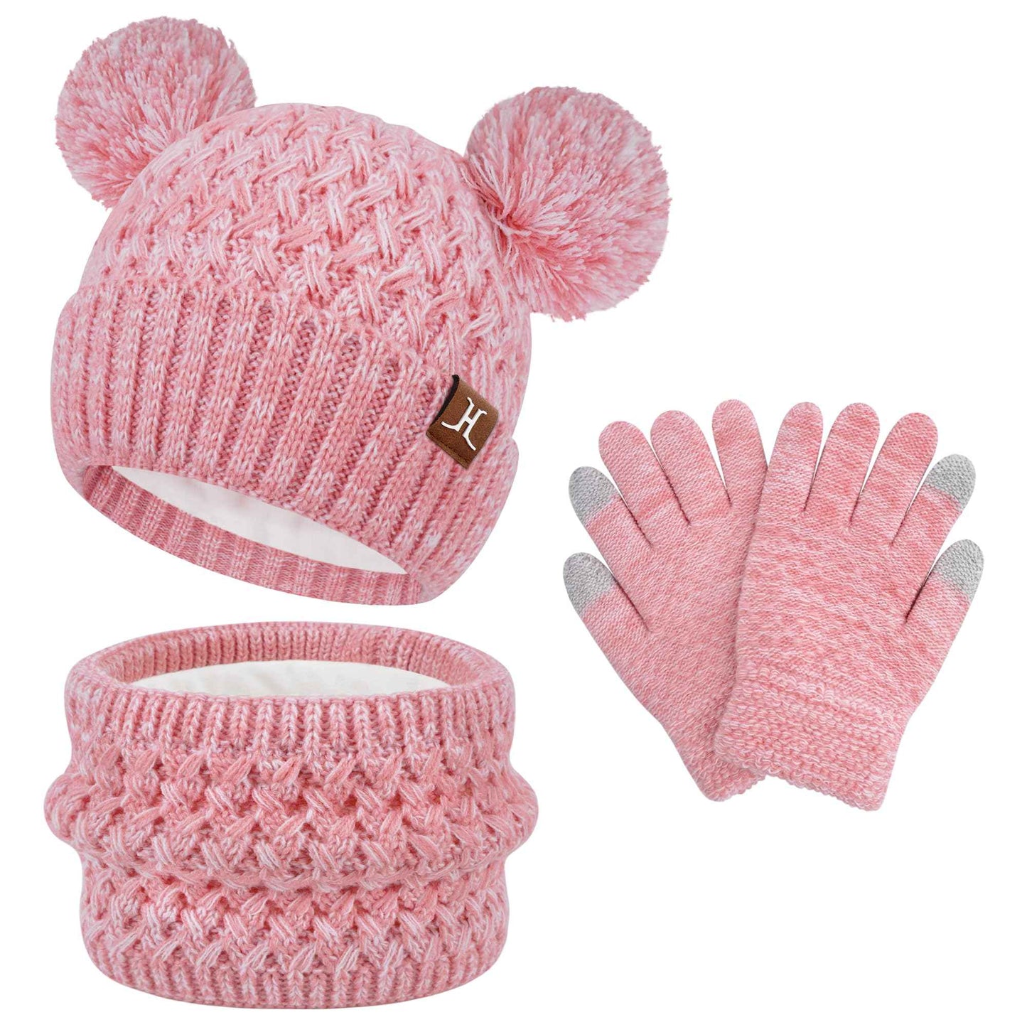 Children's Winter Hat Loop Scarf Touchscreen Gloves Set 2 3 4 5 6 7 Years Toddler Winter Hat Beanie Tube Scarf Knitted Pom Hats Gift Girls Boys