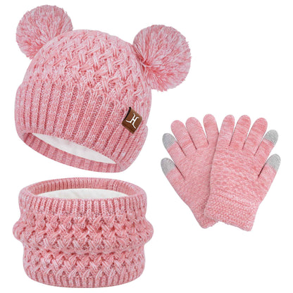 Children's Winter Hat Loop Scarf Touchscreen Gloves Set 2 3 4 5 6 7 Years Toddler Winter Hat Beanie Tube Scarf Knitted Pom Hats Gift Girls Boys