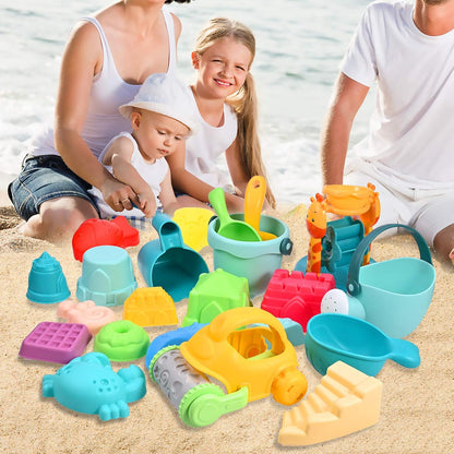 GOLDGE Sand Toy Set, 29 Pieces, Colourful Beach Toy, Sand Toy Set with Car Bucket, Castle Shapes, Mesh Bag, Water Toy for Boys and Girls