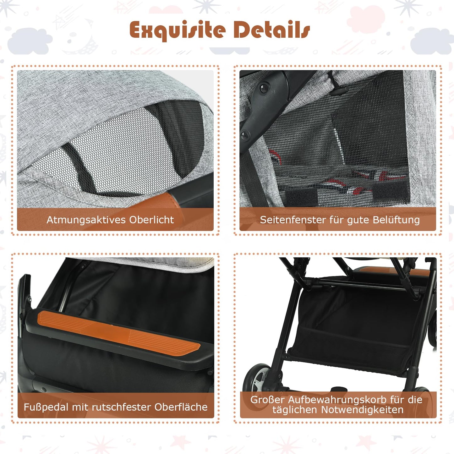 DREAMADE Children's Buggy Foldable with Reclining Function, Pram for Baby 0-3 Years, Foldable Buggy with 5-Point Safety Belt & Storage Basket & Brake (Grey)