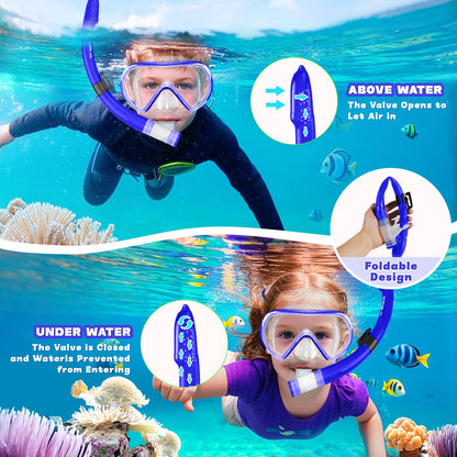SkrekuiMa Taucherbrille Kinder | Schwimmbrille Kinder Schnorchelmaske Anti-Fog Anti-Leck | Tauchmaske Kinder 180°Panorama HD Tempered Glas für Kinder 4-12 Jahre Jungen Mädchen