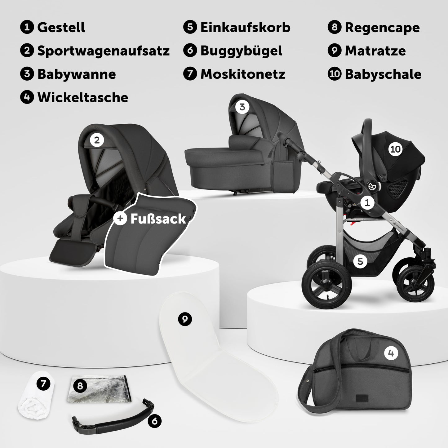 Bergsteiger Capri 3-in-1 Combination Pushchair - Baby Carrier, Sports Seat & i-Size Baby Seat, Pneumatic Tyres, Suspension, Height-Adjustable Handle, Foldable, Accessories