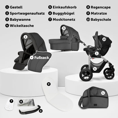 Bergsteiger Capri 3-in-1 Combination Pushchair - Baby Carrier, Sports Seat & i-Size Baby Seat, Pneumatic Tyres, Suspension, Height-Adjustable Handle, Foldable, Accessories