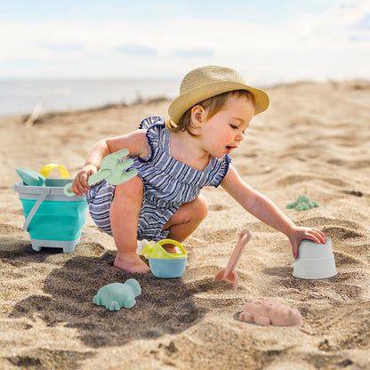 Euakee Sand Toy for Children, 11 Pieces Sand Toys with Foldable Bucket, Sanity Toy Set, Sand Toy Beach, Sandpit Toy for Children 3 4 5 6 7 Years (Orange)