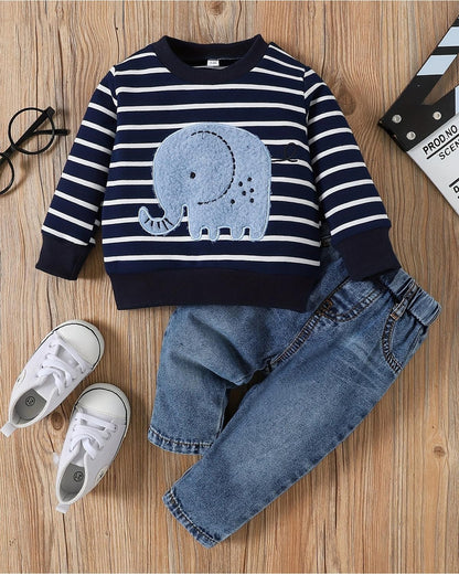 Kleinkind Baby Jungen Kleidung Niedliche Tierdruck Langarm Sweatshirt Tops und Jeans Set Herbst Winter Baby Junge Jeans Casual 2-teiliges Outfit