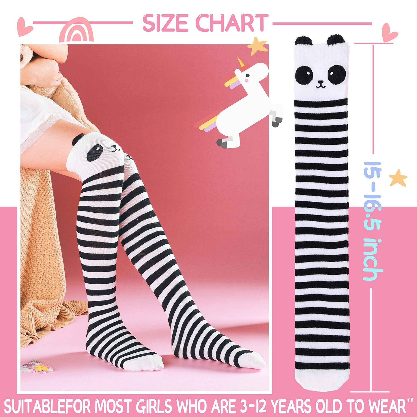 ANTSANG Girls' Knee Socks 6 Pairs for Children Gifts Long Funny Children's Socks Animal Cotton Socks 3-12 Years