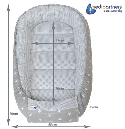Medi Partners Babynestchen Babynest Set 100x60x15 Kuschelnest 5 teilig herausnehmbarer Einsatz Kokon Nestchen Babys Neugeborene 100% Baumwolle (REH mit Grauem Minky)