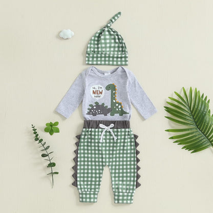 Hallo Ich bin neu hier Neugeborene Baby Jungen Kleidung Set Dinosaurier Print Langarm Bodysuit und Hosen Baumwolle Baby Kleidung Set Herbst Winter Kleidung Sets für Baby Jungen Outfits