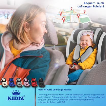 KIDIZ® Autokindersitz Kinderautositz Gruppe 1+2+3 9-36 kg 5-Punkt-Sicherheitsgurt, Autositz, Kindersitz, Einstellbare Kopfstütze, Mitwachsende Sitzerhöhung 1-12 Jahre, Stabil und Sicher