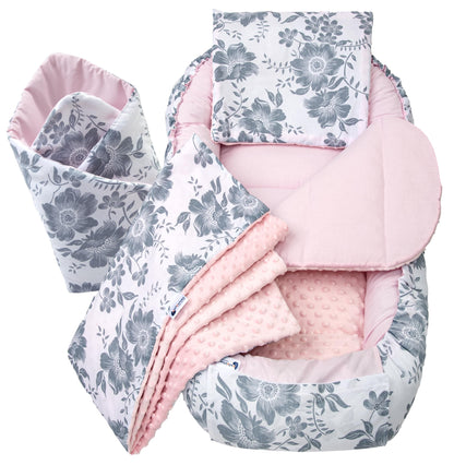 Medi Partners Babynestchen Babynest Set 100x60x15 Kuschelnest 5 teilig herausnehmbarer Einsatz Kokon Nestchen Babys Neugeborene 100% Baumwolle (REH mit Grauem Minky) - Meloni2
