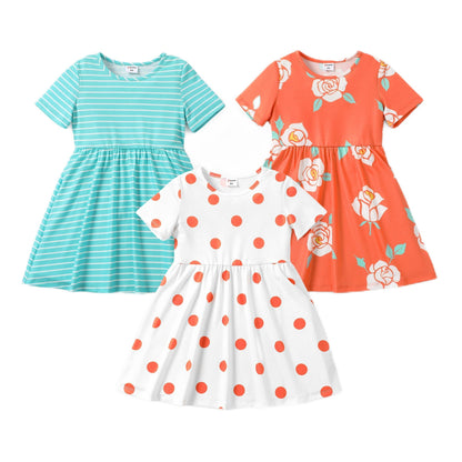 PATPAT Mädchen Kleid Set, Packung mit 3 Sommerkleider mit Kurzen Ärmeln und Rüschen in 3 verschiedenen Prints, Hochzeit Geburtstag Party Bankett Urlaub, Prinzessin Kleider für Mädchen 2-7 Jahre