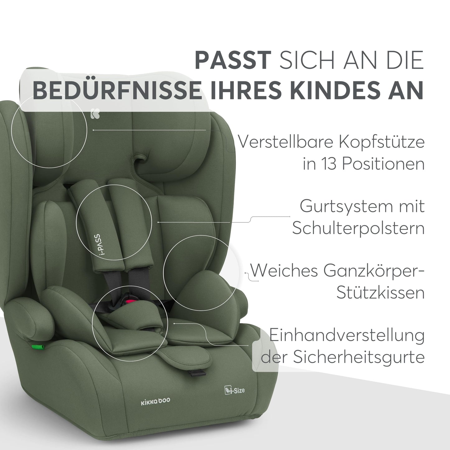 KikkaBoo i-Pass, Kindersitz 9–36 kg, Gruppe 1/2/3 Auto Kindersitz für Kinder 76–150 cm (15 Monate – 12 Jahre), i-Size, 13-fach verstellbare Kopfstütze, Schwarz - Meloni2