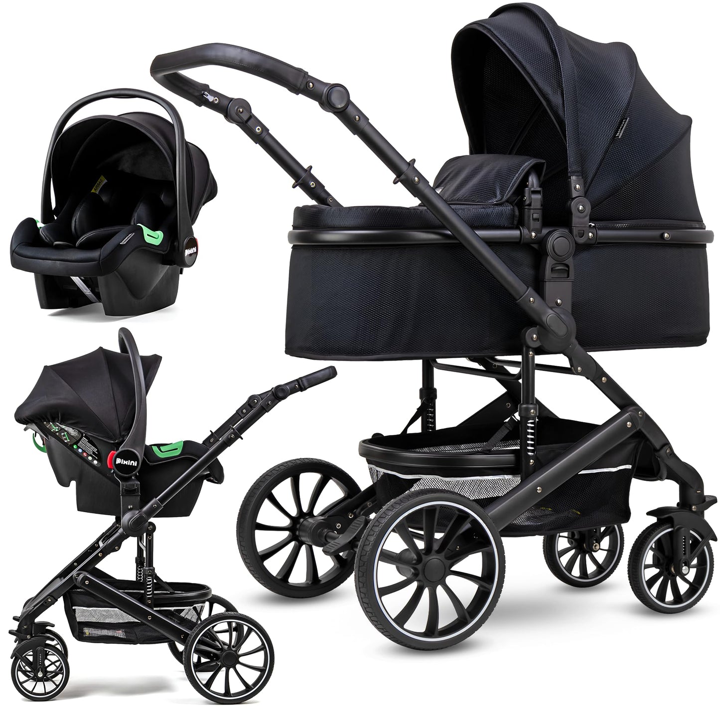Pixini Neyla Combi Pushchair with Accessories (3-in-1 Set with Baby Seat Black/Black)