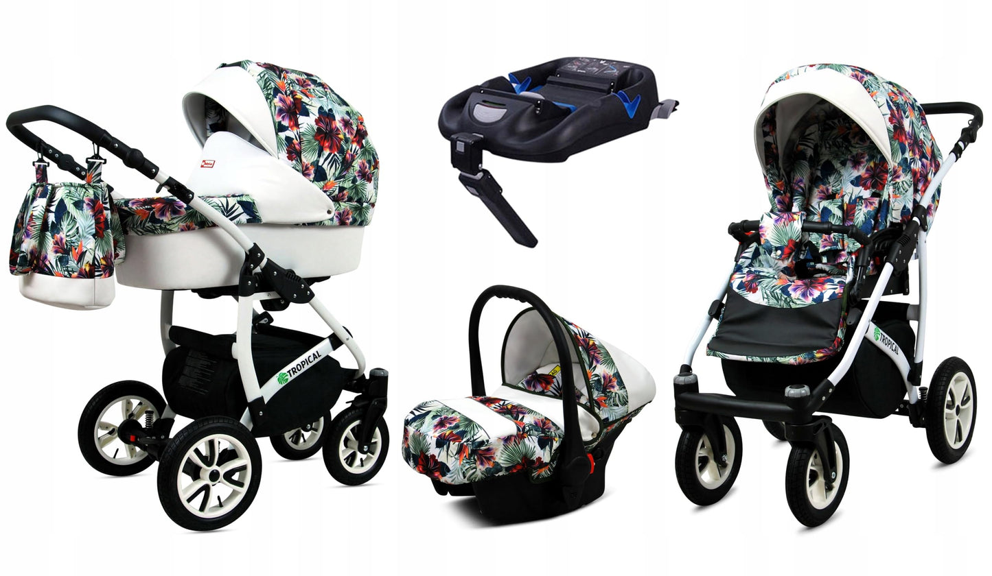 BabyLux® Bambimo Pushchair Set 3 in 1 - Tropical - incl. Baby Carrycot, Buggy Sports Seat, Car Seat - Pram Set - Combination Pram with Changing Bag, Rain Cover etc.