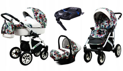 BabyLux® Bambimo Pushchair Set 3 in 1 - Tropical - incl. Baby Carrycot, Buggy Sports Seat, Car Seat - Pram Set - Combination Pram with Changing Bag, Rain Cover etc.