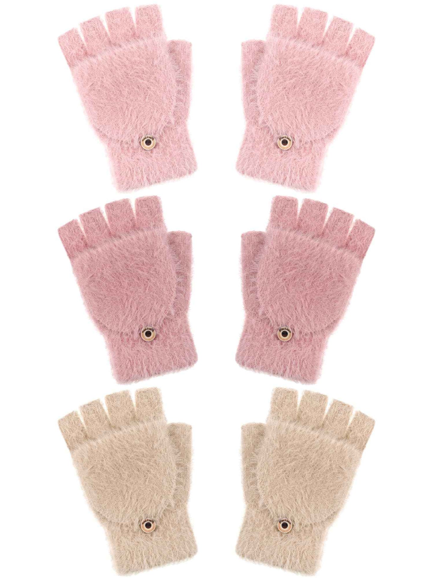 Geyoga 3er Pack Fingerlose Handschuhe mit Klappe Damen Winter Halbfinger Fäustlinge Handschuhe für Kinder