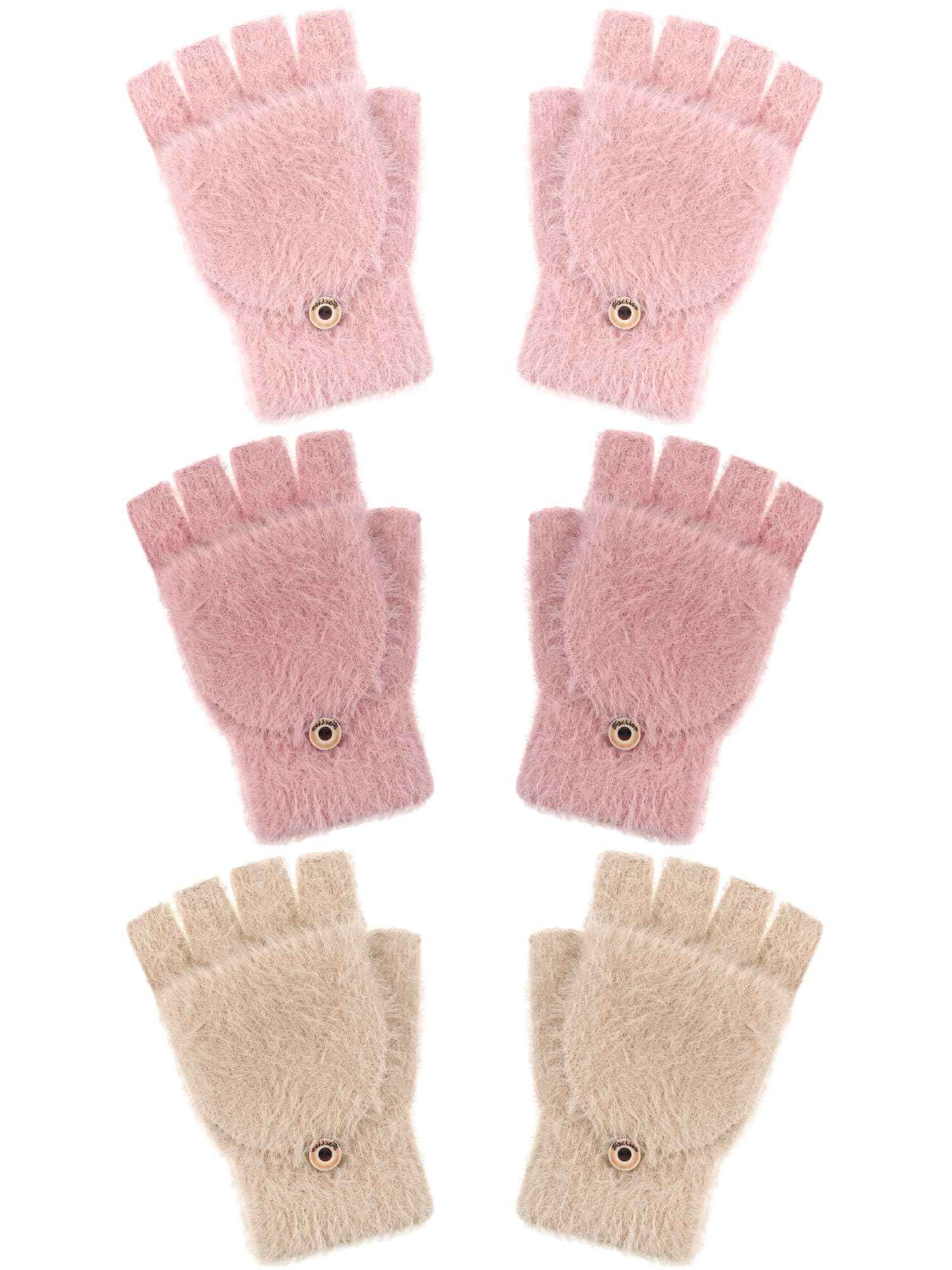 Geyoga 3er Pack Fingerlose Handschuhe mit Klappe Damen Winter Halbfinger Fäustlinge Handschuhe für Kinder