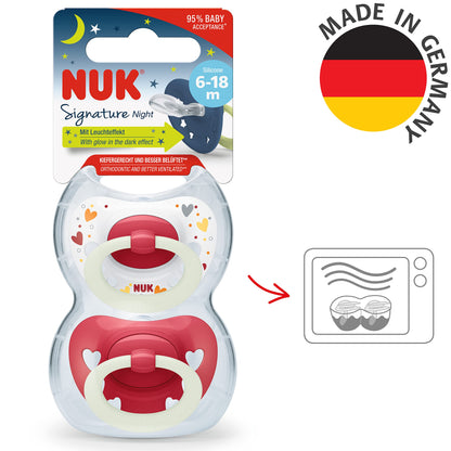 NUK Signature Baby Pacifier | 0-6 Months | Soothes 95% of Babies | BPA Free Silicone Heart-Shaped Pacifier | With Case | Green Stars | Pack of 2