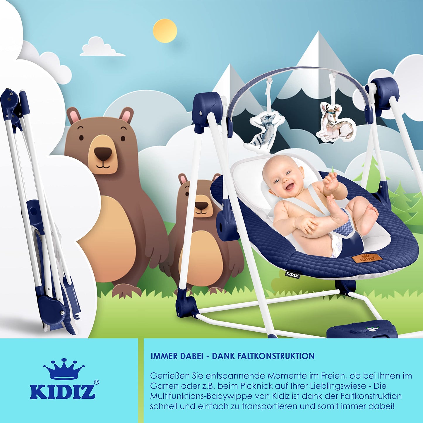 KIDIZ® Baby Rocker Baby Swing with 5 Speed Settings Foldable Baby Rocker Swing Baby High Chair with Play Arch Toys 5 Soothing Natural Sounds Newborn Anthracite