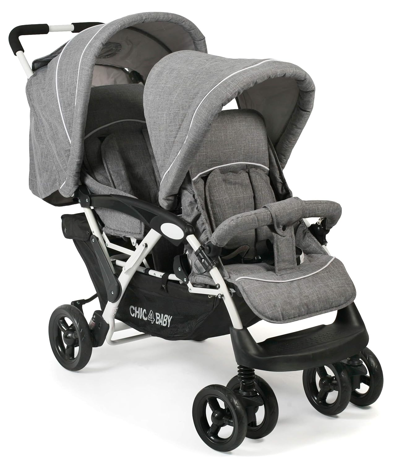 CHIC 4 BABY - Geschwisterwagen DUO mit Tragetasche und Regenschutz, Geschwisterkinderwagen für zwei Kinder, Zwillingswagen, Zwillingsbuggy, Tandemkinderwagen, Tandembuggy, Kinderwagen, Jeans grau
