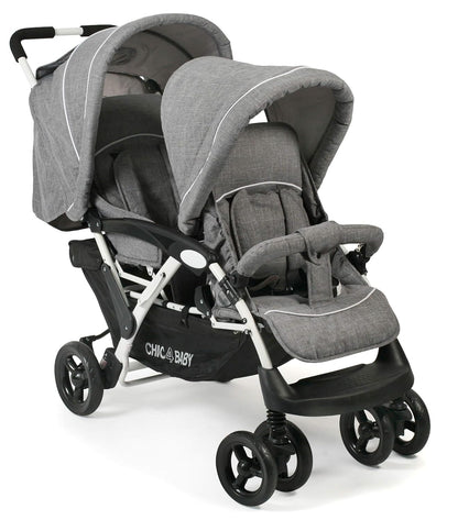 CHIC 4 BABY - Geschwisterwagen DUO mit Tragetasche und Regenschutz, Geschwisterkinderwagen für zwei Kinder, Zwillingswagen, Zwillingsbuggy, Tandemkinderwagen, Tandembuggy, Kinderwagen, Jeans grau