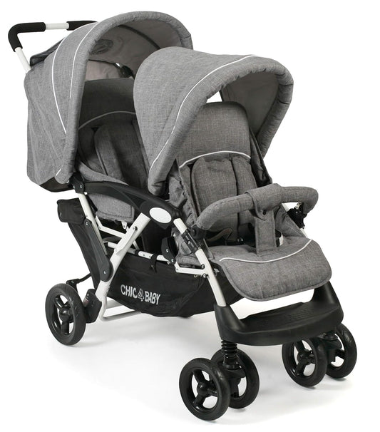 CHIC 4 BABY - Geschwisterwagen DUO mit Tragetasche und Regenschutz, Geschwisterkinderwagen für zwei Kinder, Zwillingswagen, Zwillingsbuggy, Tandemkinderwagen, Tandembuggy, Kinderwagen, Jeans grau
