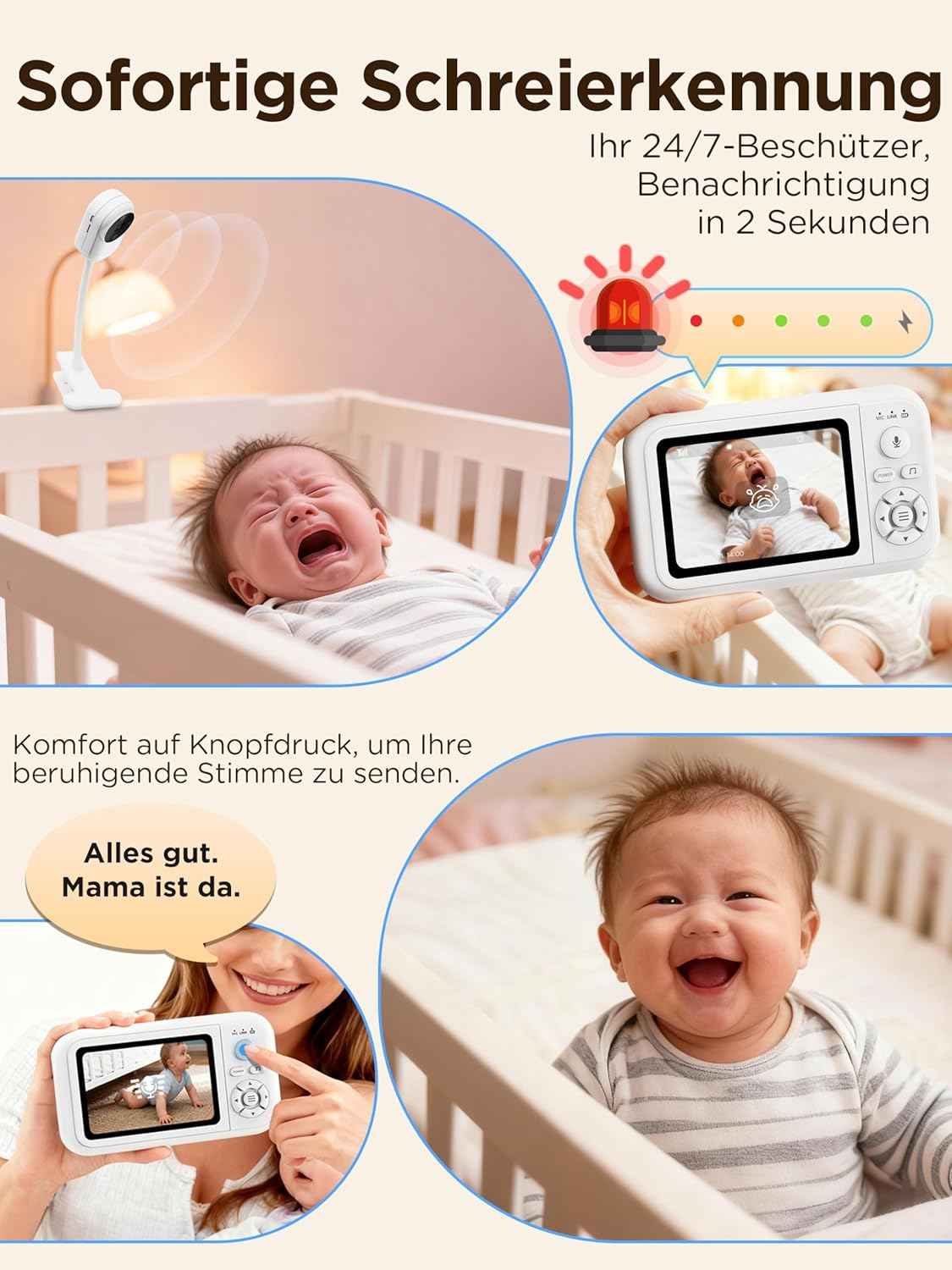 Baby Monitor with Camera, 1080P Baby Camera Monitor with Holder and Bed Clip Without WiFi, 2-Way Audio, Crying Detection, 4x Zoom, Night Vision, Temperature Sensor, 3.5 Inch LCD Baby Monitor with SD