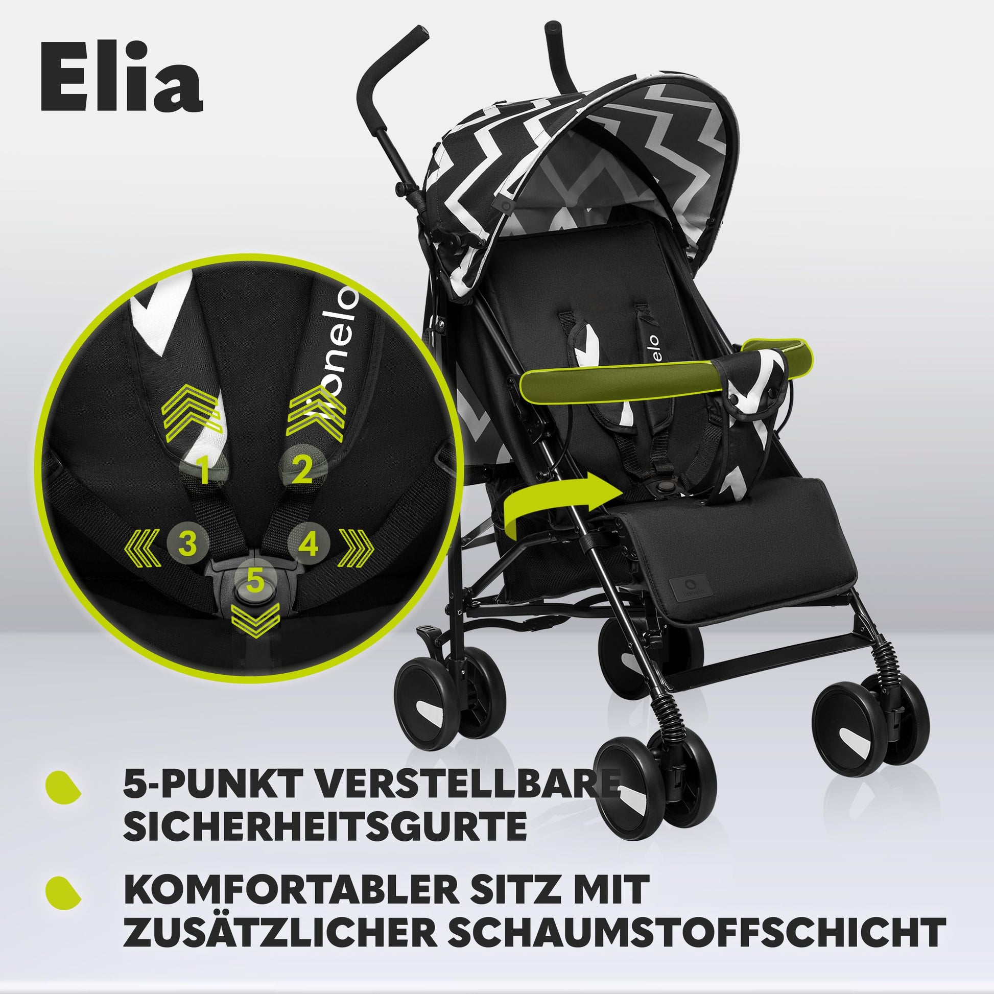 LIONELO Elia Buggy Small Foldable Pushchair up to 15 kg, Back and Footrest Adjustment, Rear Wheel Brake, Mosquito Net, Shopping Basket - Meloni2