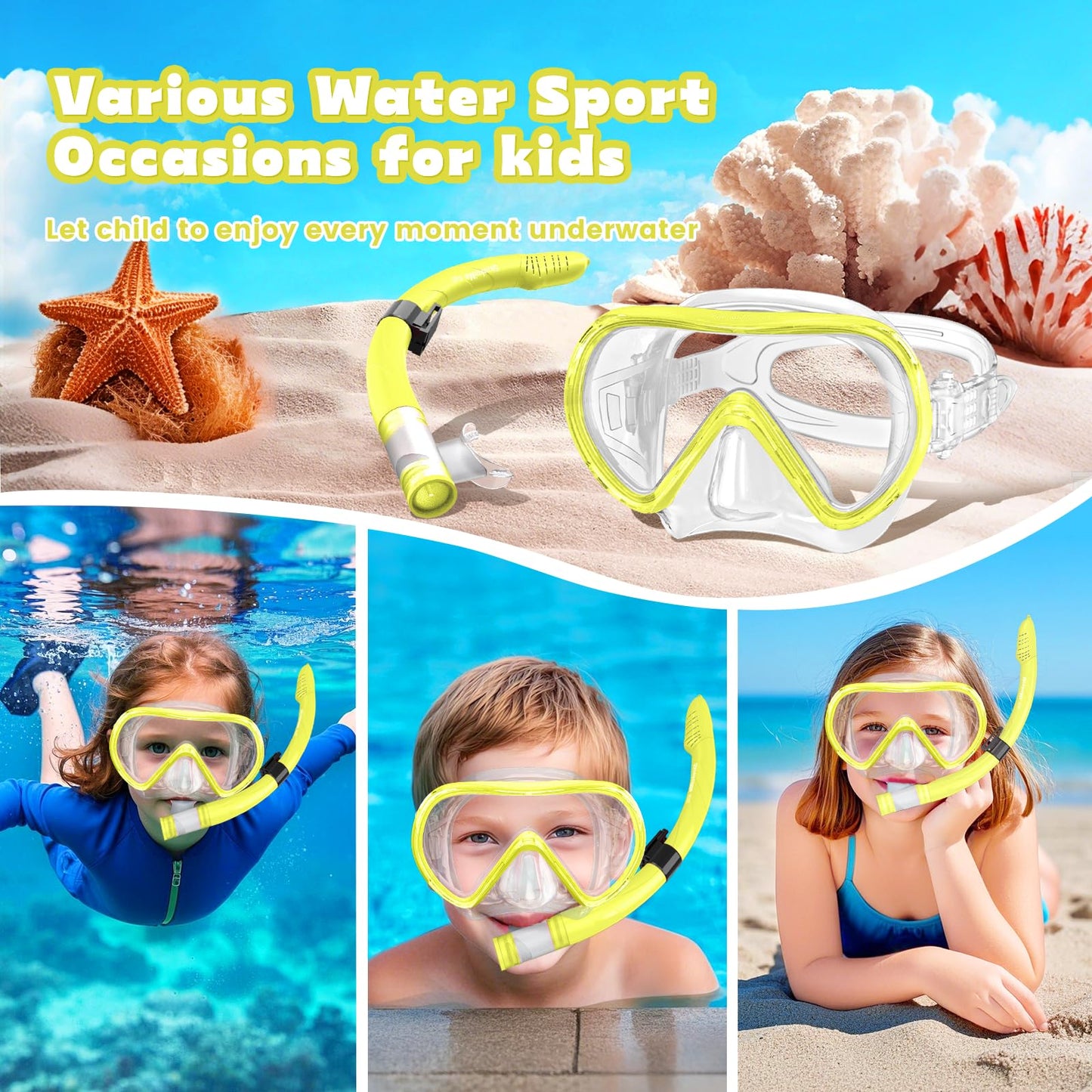 SkrekuiMa Taucherbrille Kinder | Schwimmbrille Kinder Schnorchelmaske Anti-Fog Anti-Leck | Tauchmaske Kinder 180°Panorama HD Tempered Glas für Kinder 4-12 Jahre Jungen Mädchen