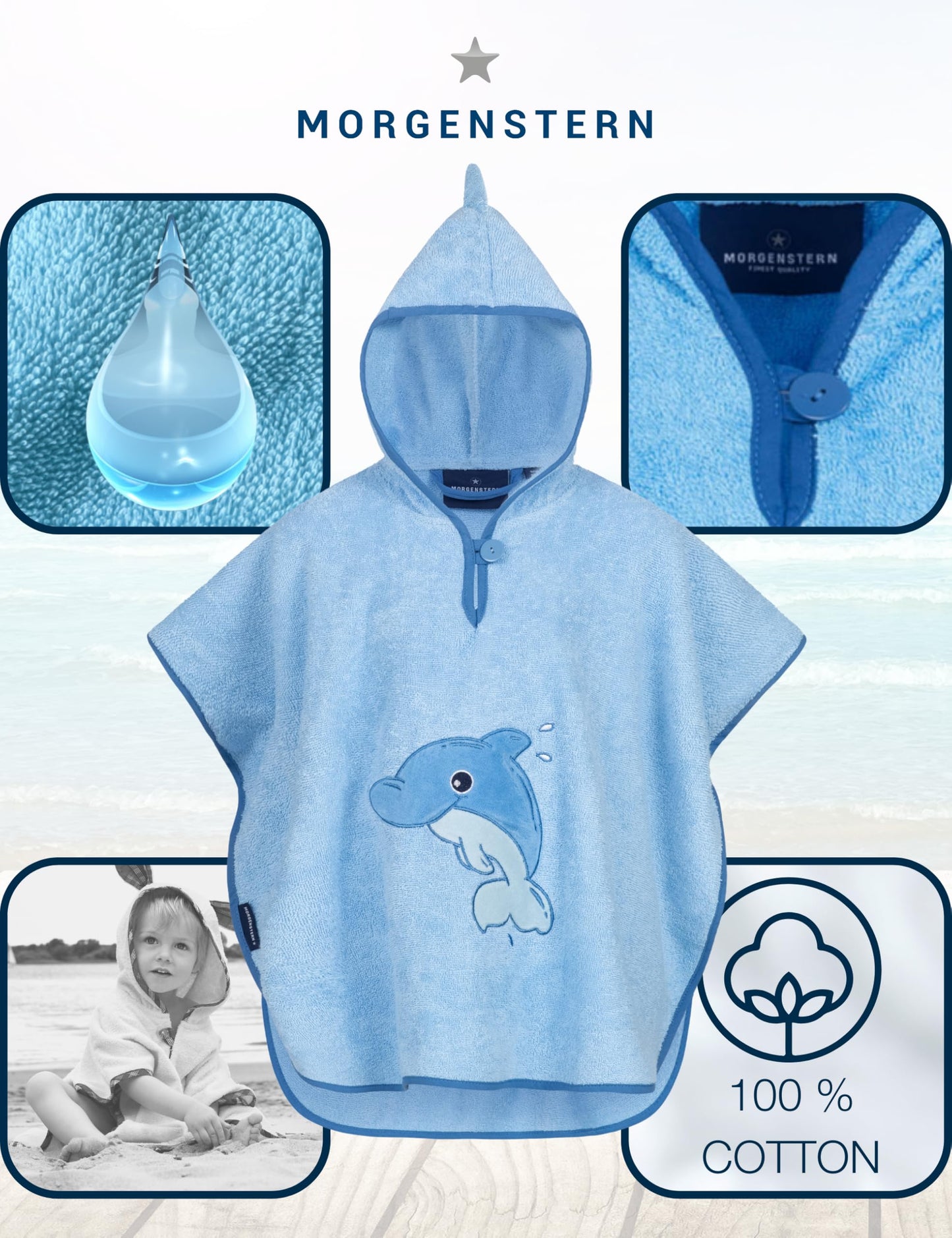 Morgenstern Bath Poncho Children's Baby Girls Boys 100% Cotton Oeko-Tex Baby Bath Towel Hooded Towel Bathrobe Terry Cloth