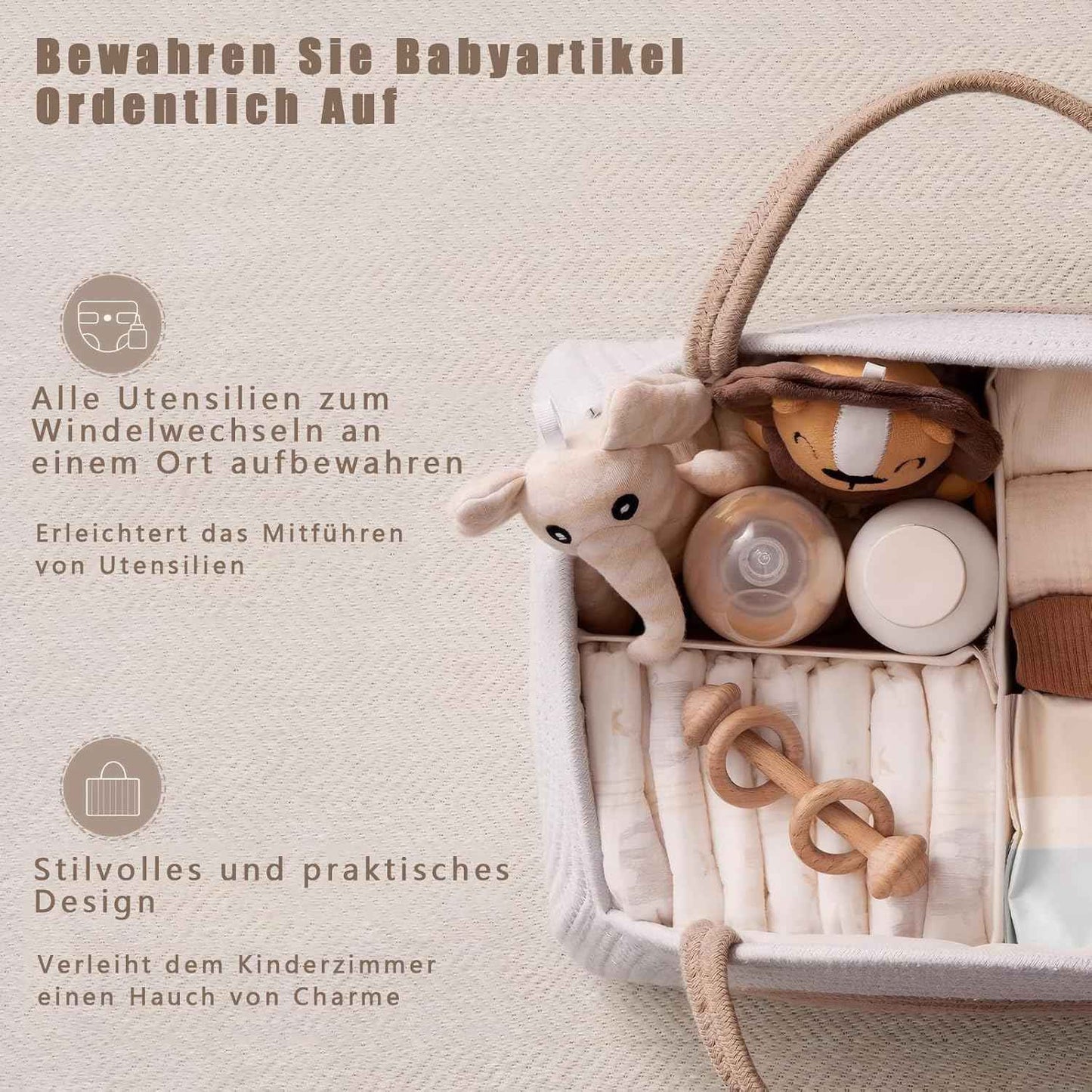 Changing Bag Organiser, Baby Nappy Caddy Basket, Portable Storage Basket for Changing Table, Changing Basket Organiser with Compartments & Handles, Cotton Rope Basket for Baby Shower Gifts (White