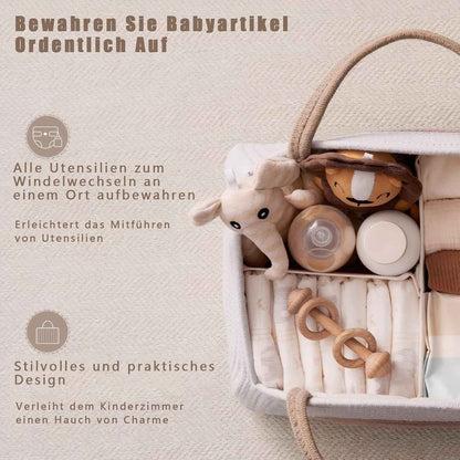 Changing Bag Organiser, Baby Nappy Caddy Basket, Portable Storage Basket for Changing Table, Changing Basket Organiser with Compartments & Handles, Cotton Rope Basket for Baby Shower Gifts (White