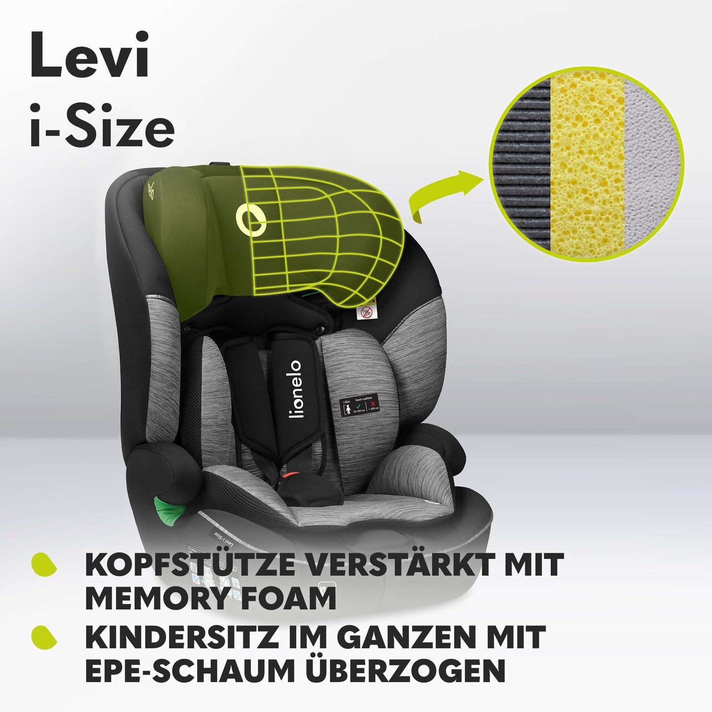 LIONELO LEVI I-SIZE 76-150 cm Kinderautositz, Gruppe 1 2 3, Seitenschutz, 10 Grad Kopfstützenverstellung Bequeme Armlehnen Verstellbare Rückenlehne, R129 i-Size