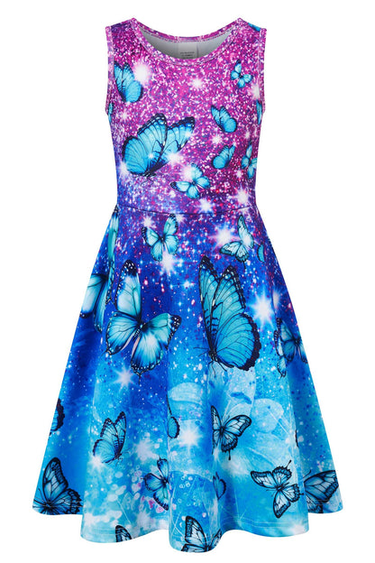 AIDEAONE Mädchenkleid Schmetterling A-Linie Ärmelloses Sommerkleid Buntes Kleid 4-12 Jahre