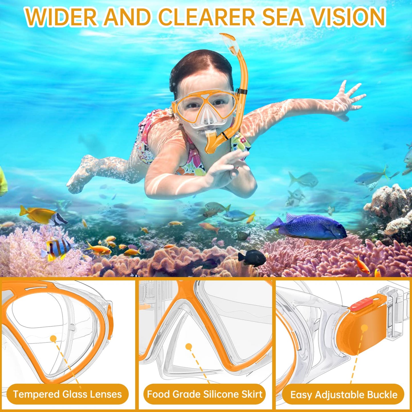JEMULICE Taucherbrille Kinder, Schwimmbrille Kinder Schnorchelmaske für Jungen Mädchen, Tauchmaske mit Nasenabdeckung 180°Panorama HD Anti Nebel Anti-Leck Schwimmmaske für Kinder 4-16 Jahre