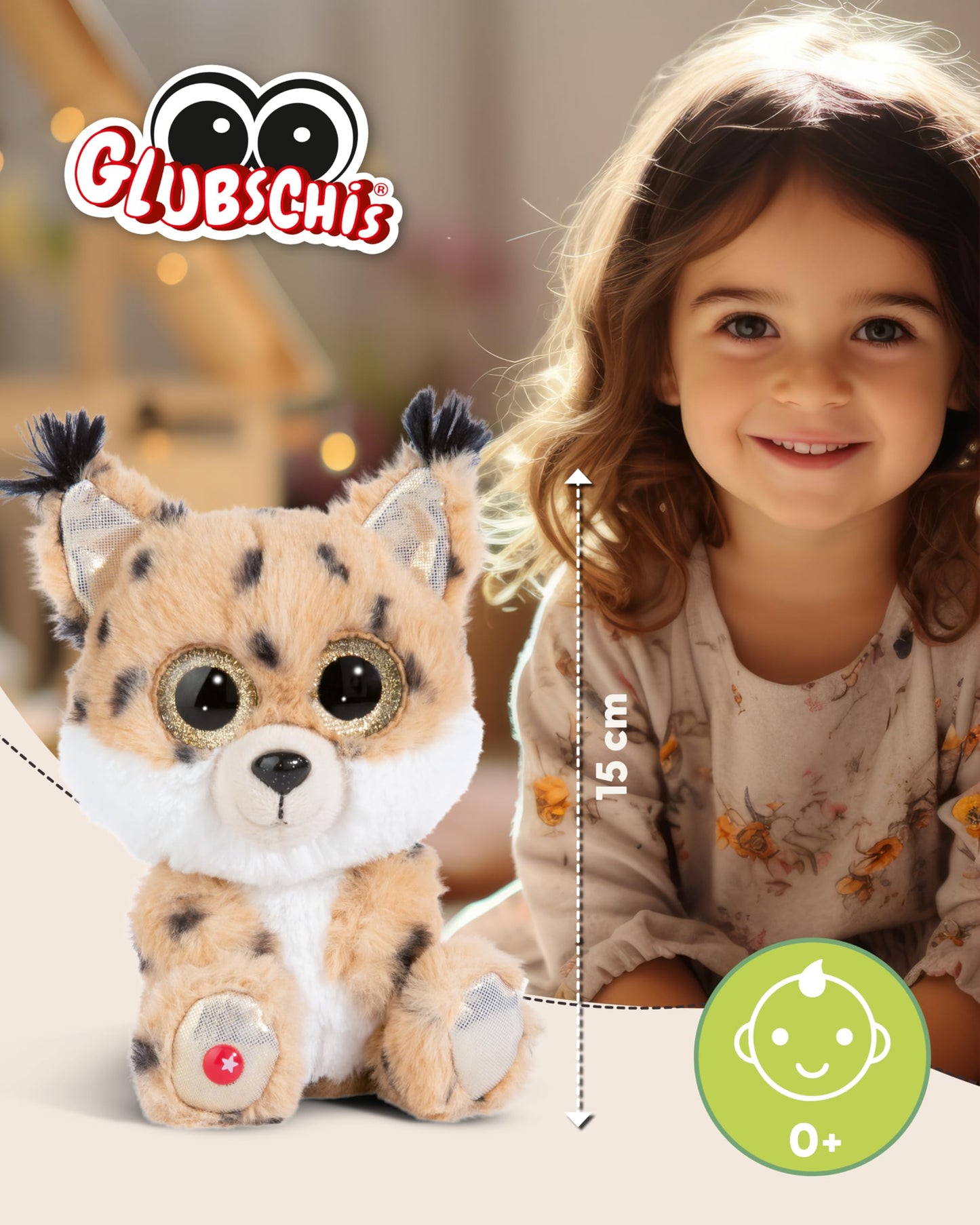 NICI GLUBSCHIS Lynx Lenzo 15cm - Dangling cuddly toy lynx with big glittery eyes - 49295 