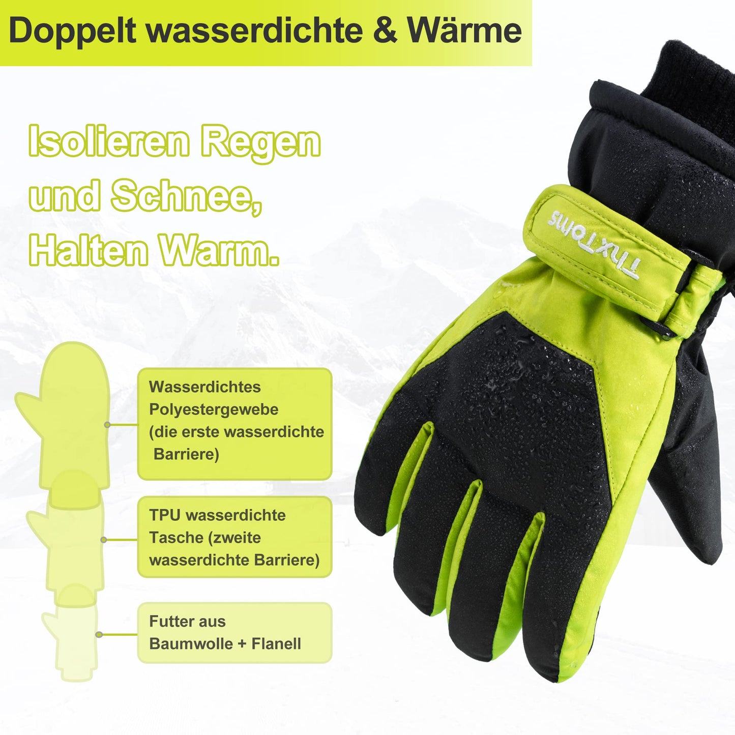 ThxToms Children's Ski Gloves, Winter Snow Ski Gloves, -15°C, Windproof, Waterproof, Warm, PU Thickened Cold Weather, Outdoor Sports, Snowboarding, Skiing, Bike, for Boys and Girls aged 3-13 Years Old