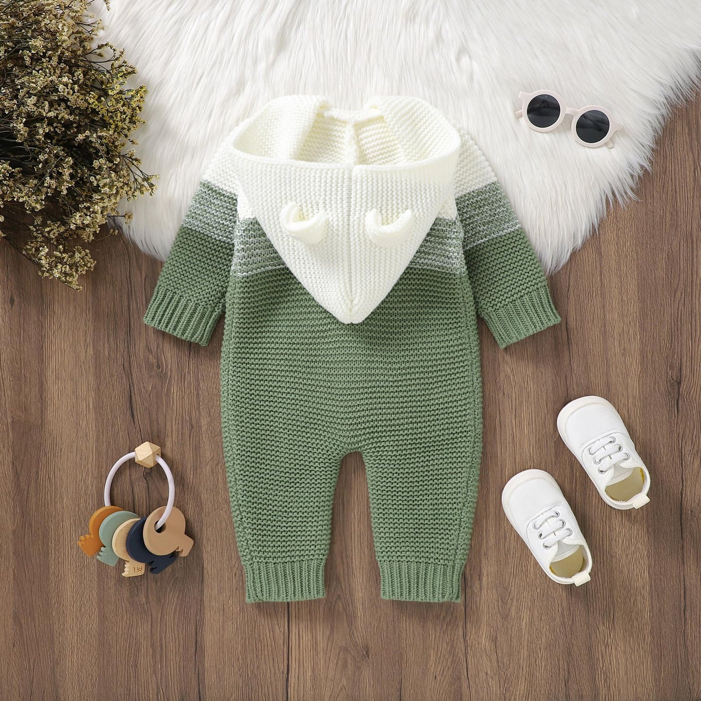 OBEEII Newborn Baby Knitted Romper Jumpsuit with Hood Ear Onesies Pullover Winter Warmer Onesie Bodysuit for Boys Girls