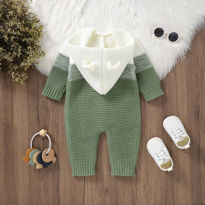 OBEEII Newborn Baby Knitted Romper Jumpsuit with Hood Ear Onesies Pullover Winter Warmer Onesie Bodysuit for Boys Girls