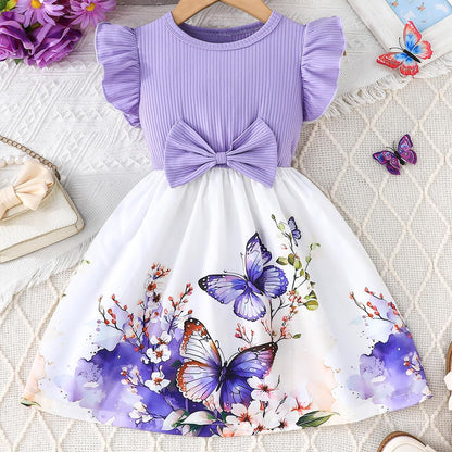 Codkkre Mädchen Kleid Blumen Bowknot Kinder Kleider Rüschenärmel A-Linie Mädchen Kleid Sommer Ostern Mädchen Kleid Rundhals 104 110 116 122 128