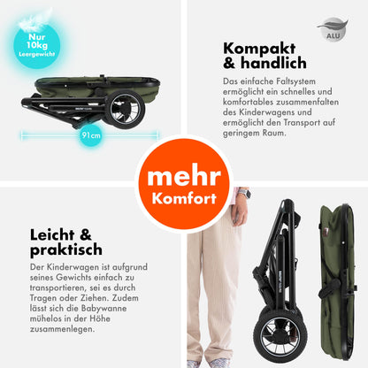 Daliya® FLEXI-PRO M 2in1 Kombikinderwagen & Buggy – XXL-Set, Reise-Kinderwagen mit Einhand-Abnahme, Wetterschutz, Sportsitz, Wickeltasche, Spieltisch, Regenschutz, dicke Matratze (Olivgrün)