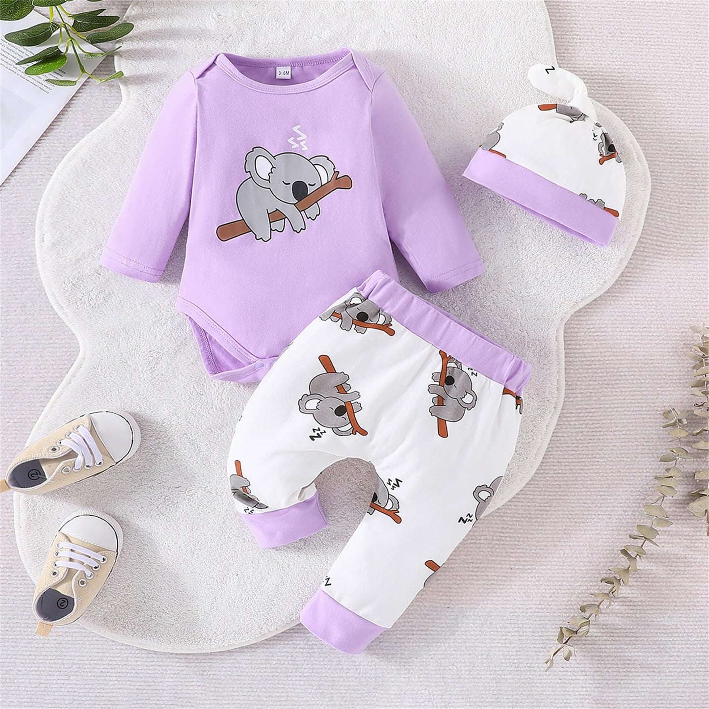 Himllauen Baby Jungen Mädchen 3-teiliges Set Koala Print Body + Hose + Hut Baby Set Kleinkind Kleidung Niedliche Outfit