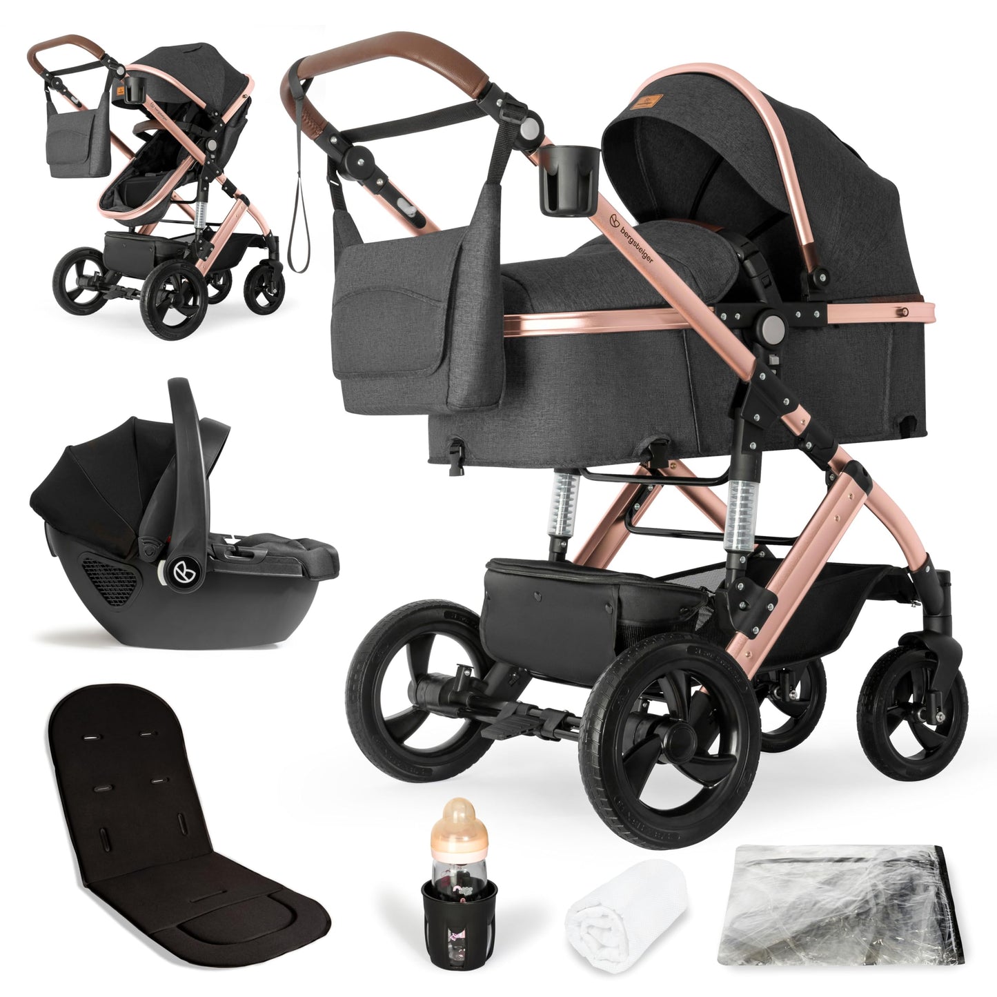 Bergsteiger Nizza 3 in 1 Kinderwagen, Kombikinderwagen Komplettset, Auto-Babyschale & Isofix Station, Babywanne & Buggy Sportsitz inklusive