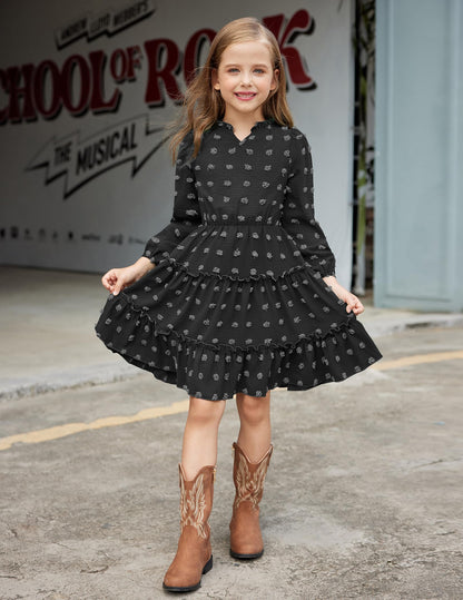 Arshiner Dress Girls Festive Flounce V-Neck Long Sleeve Dress Swiss Dot Chiffon Dress Children Tiered Dress A-Line Party Dress Wedding Princess Dress Swing Skater Dress 5-12 Years 