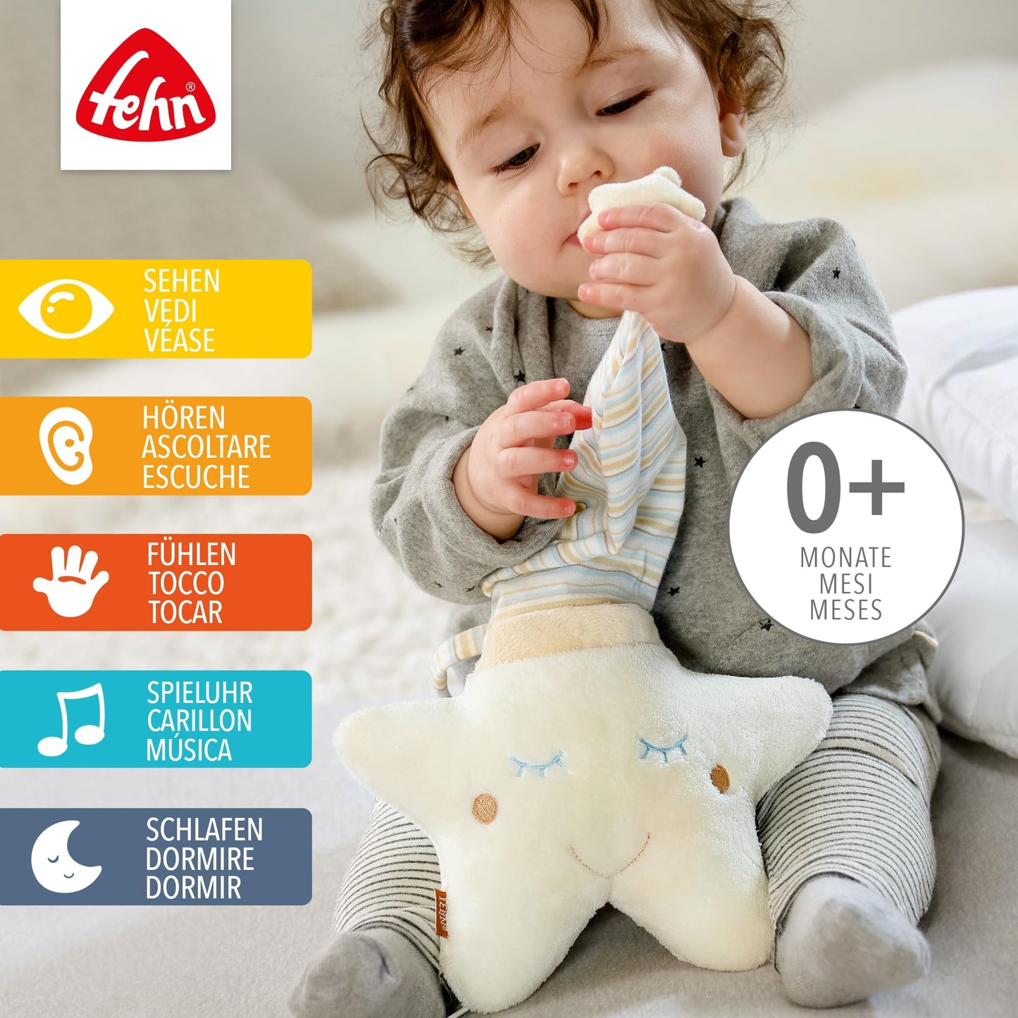 Fehn 154566 Music clock star - catch-up music box with removable playground for hanging on bed, stroller or baby bowl, for babies and toddlers from 0+ months, star, babylove, about 20cm