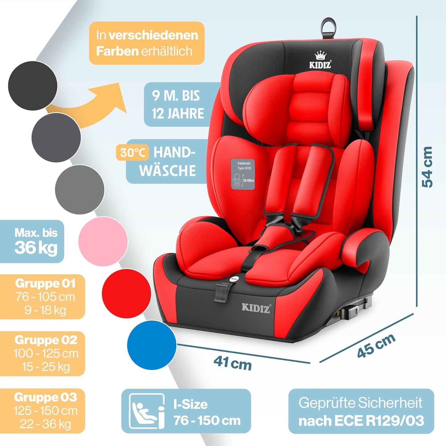 Autokindersitz mit Isofix i-Size R129 100-150cm bis 12 Jahre, Kinderautositz Gruppe 1/2/3, mitwachsender Kindersitz, 5-Punkt-Gurt & höhenverstellbare Kopfstütze, Sitzerhöhung Auto, Schwarz