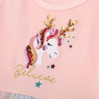 Baogaier Kleid Mädchen Pailletten Tüll Kleider Baumwolle Sommerkleid Sommer Frühling T-Shirt Tüllkleid Kinderkleid Gr. 92-122