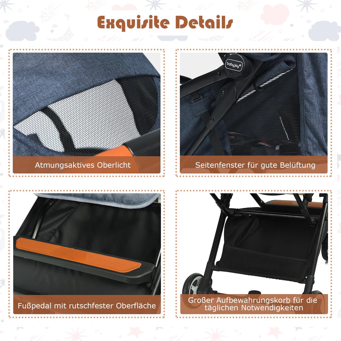 DREAMADE Children's Buggy Foldable with Reclining Function, Pram for Baby 0-3 Years, Foldable Buggy with 5-Point Safety Belt & Storage Basket & Brake (Grey)