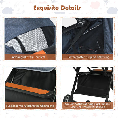 DREAMADE Children's Buggy Foldable with Reclining Function, Pram for Baby 0-3 Years, Foldable Buggy with 5-Point Safety Belt & Storage Basket & Brake (Grey)