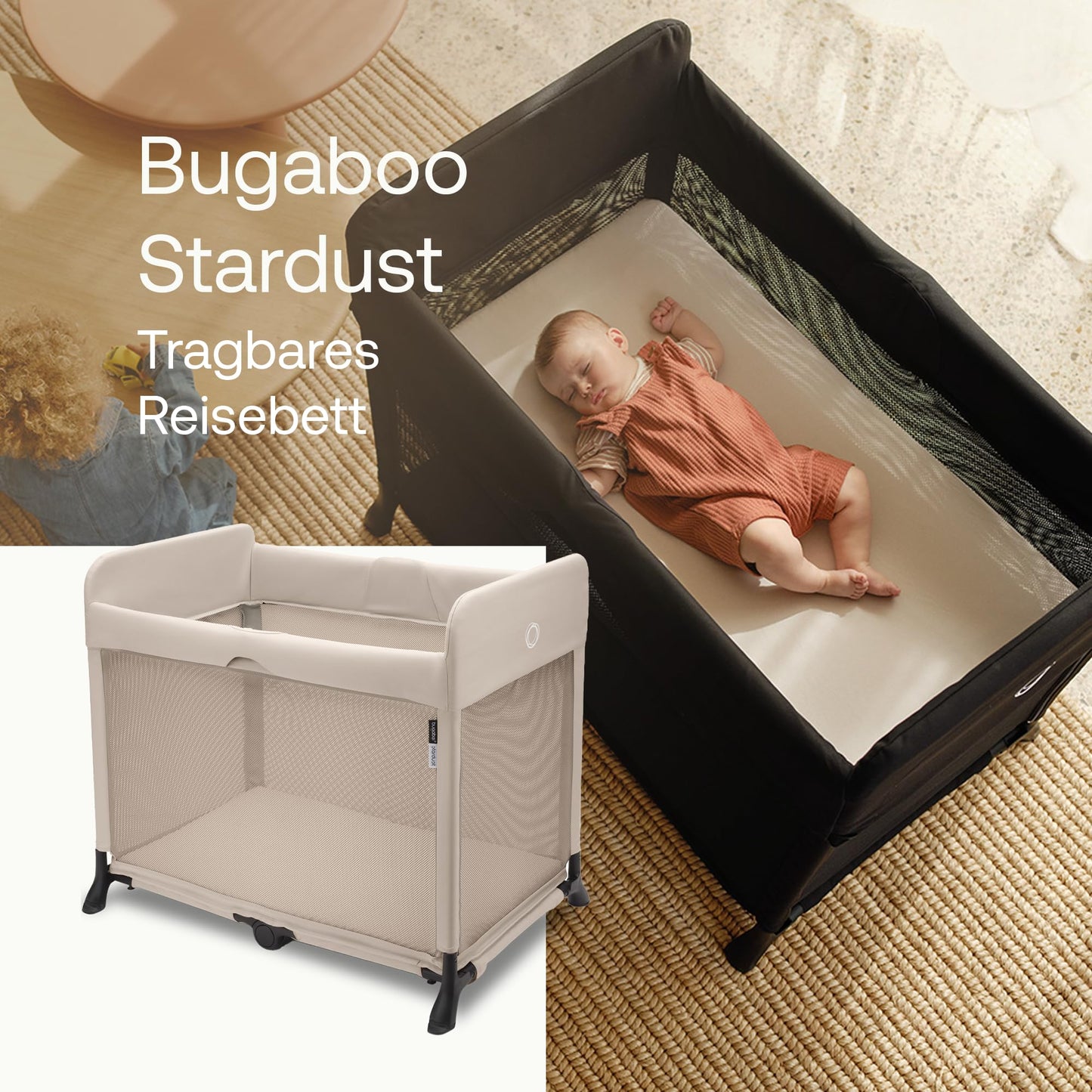 Bugaboo Stardust, 2-in-1, leichtes, kompaktes und faltbares Reisebett | kompakter Spielstall, mit Matratze, in 1 Sekunde aufgeklappt, für Babys und Kleinkinder, inklusive Tragetasche, Desert Taupe